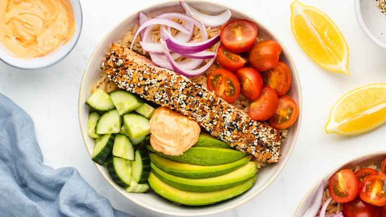 salmon bowl with various vegetables