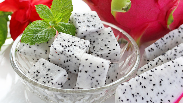 Cubes of white dragon fruit in dish