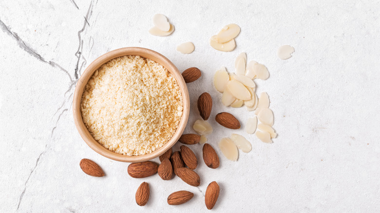 Almond flour in a brown bowl