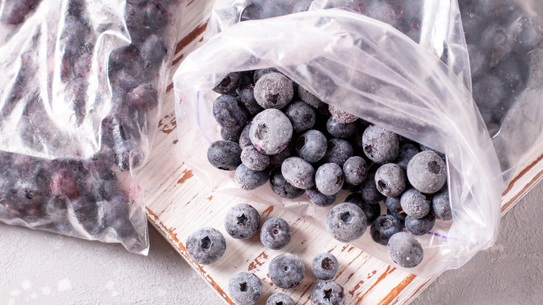 Plastic freezer bag of frozen blueberries