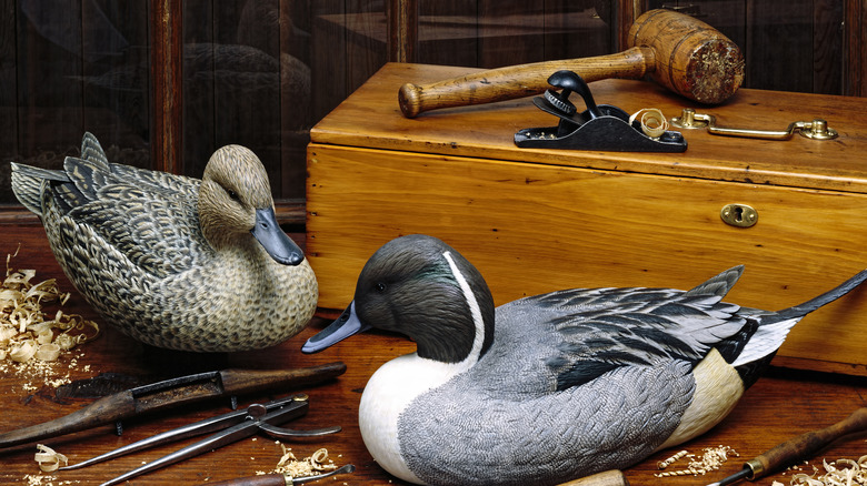 wooden duck decoys and tools