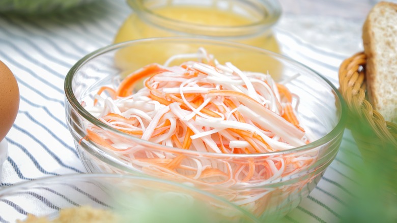 shredded imitation crab in bowl