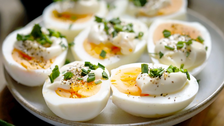 Fancy deviled eggs on plate 