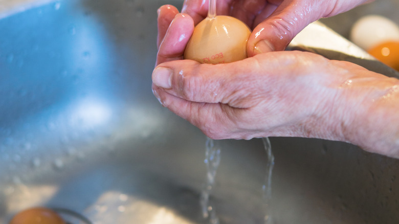 Hands rinsing an egg 