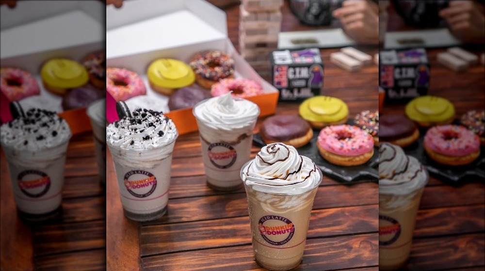 Assorted Dunkin' doughnuts and coffees