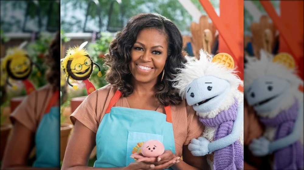 Michelle Obama with Waffles and Mochi puppets