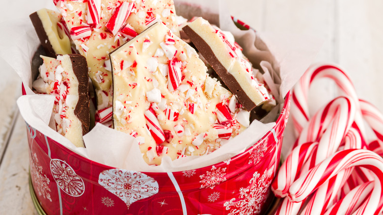 peppermint bark in a tin