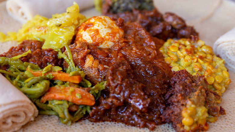 Ethiopian dishes on injera