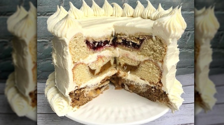 A cherpumple on a white cake plate