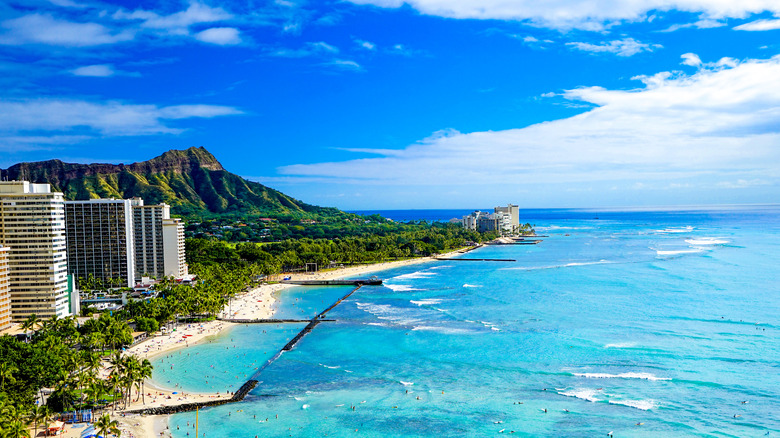 View of ocean and shore of Honolulu, HI