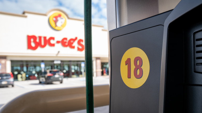 A distance shot of a Buc-ee's from the gas pump