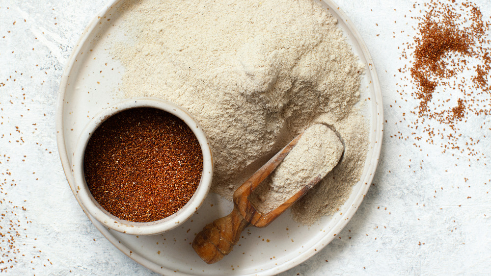 Teff flour on plate and teff grain in bowl