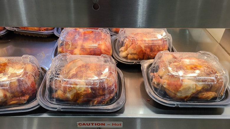 Rotisserie chickens in store