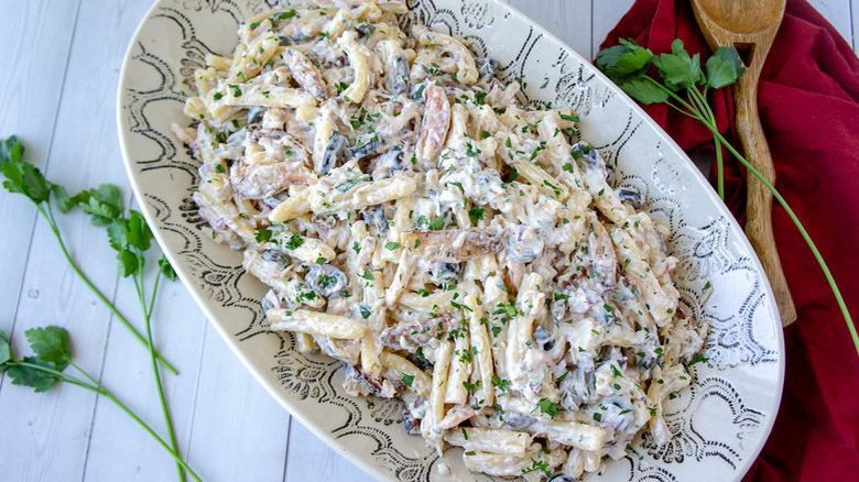 crab pasta salad in serving dish