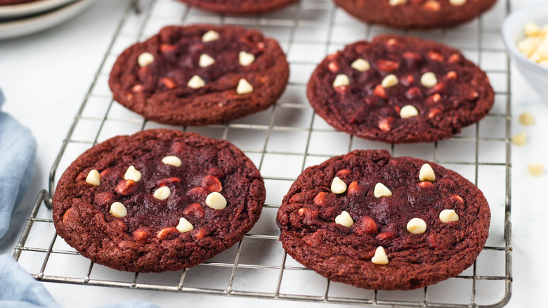 Red velvet cookies on wire rack