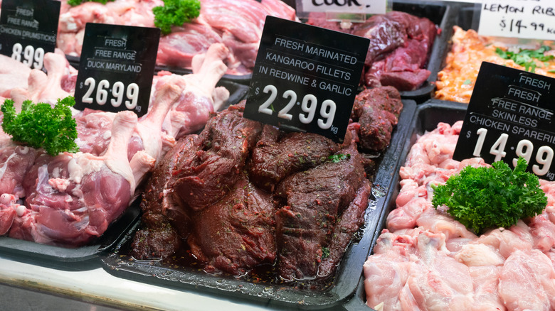 Kangaroo steaks inside a butcher shop