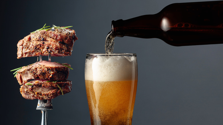 Beer bottle with steak