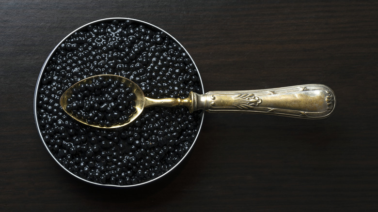 A tin of caviar with a spoon