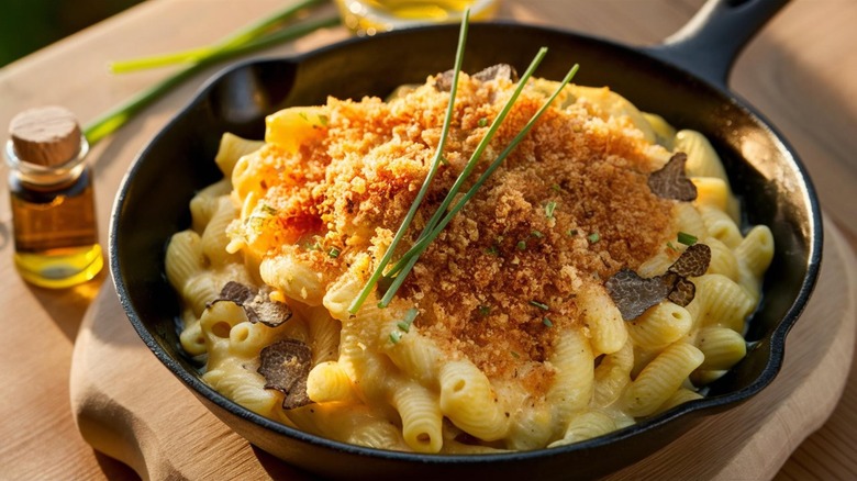 macaroni and cheese topped with breadcrumbs and truffles