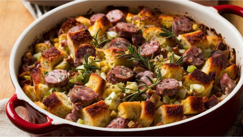 Sausage stuffing in bowl with herbs