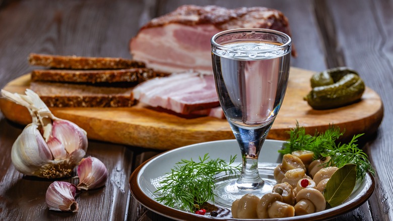 vodka glass served with food