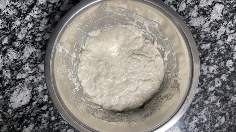 wet dough in stainless steel bowl