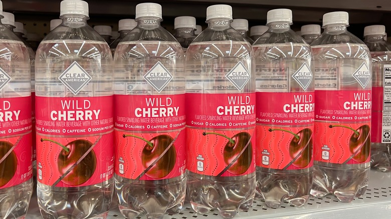 Shelved wild cherry flavored water