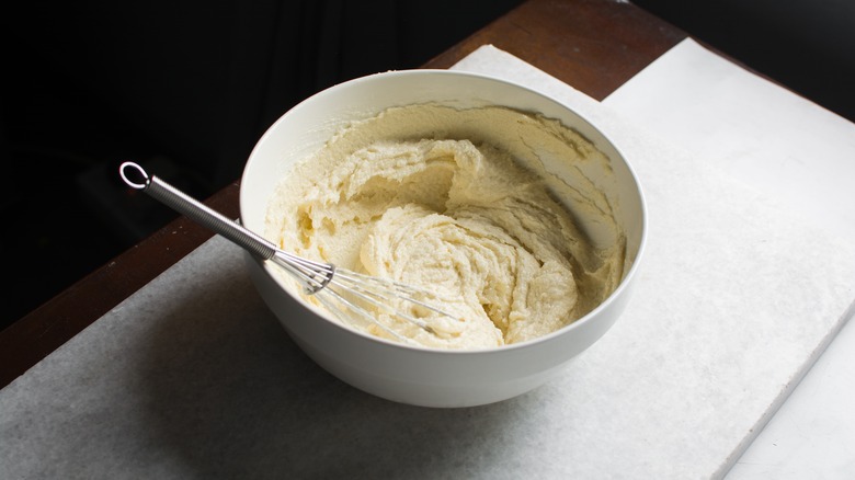 whisk, creamed butter bowl, sugar