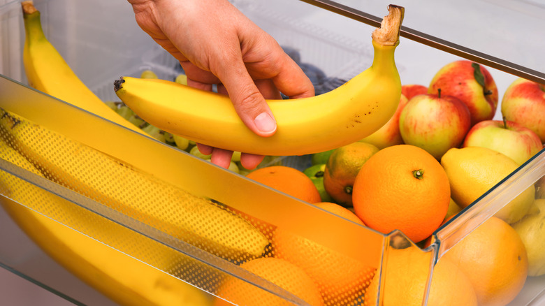 Bananas in refrigerator fruit bin