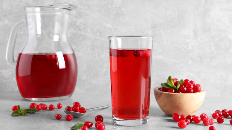 pitcher and glass of cranberry juice