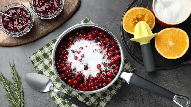 cranberries in pan with sugar