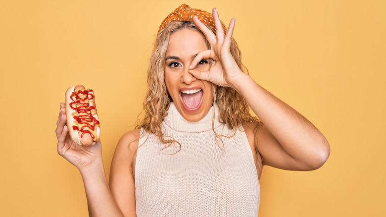 woman with hot dog