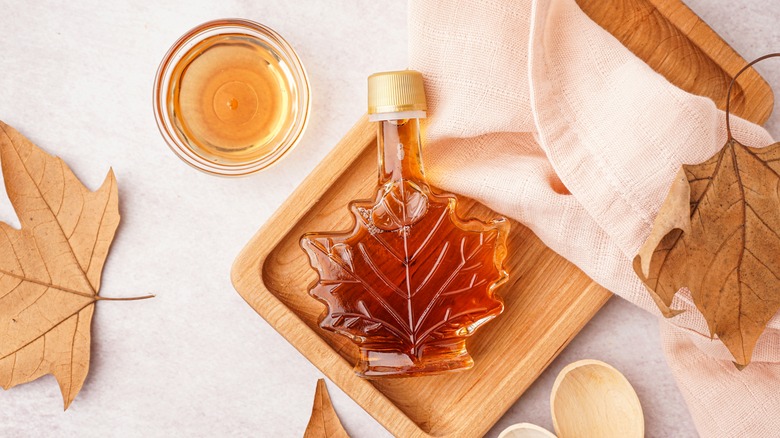 maple syrup in maple leaf shaped bottle