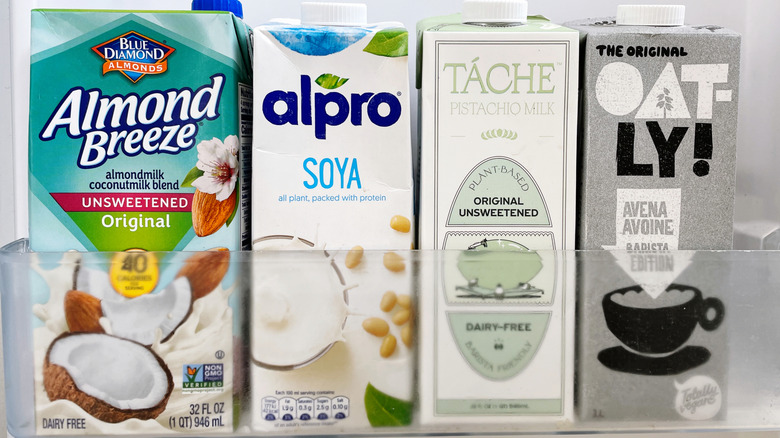 Brands of alternative milks in fridge