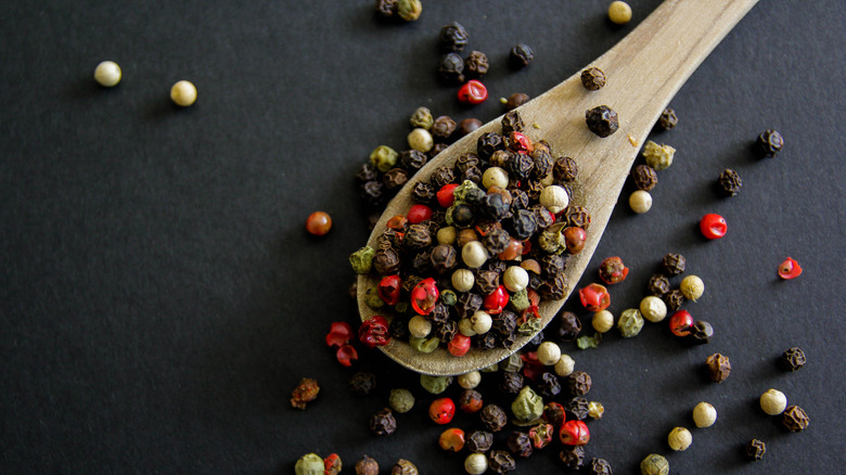 mixed peppercorns on wooden spoon