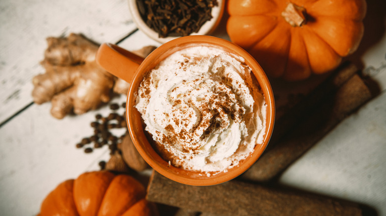 pumpkin spice latte and mini pumpkins