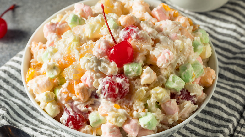 ambrosia salad with cherry on top