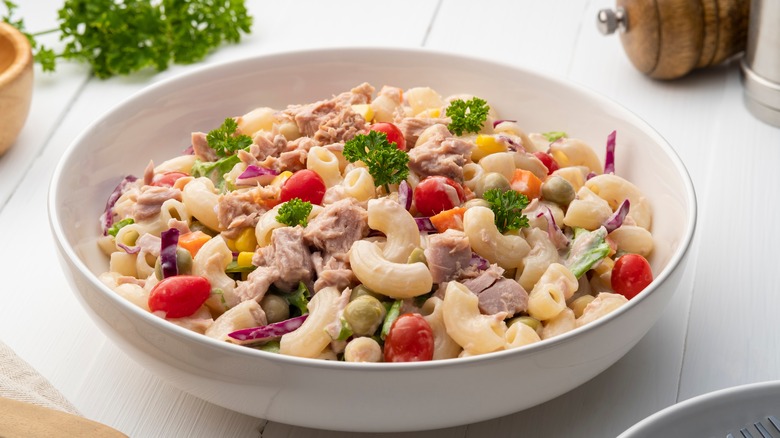 pasta salad in white bowl