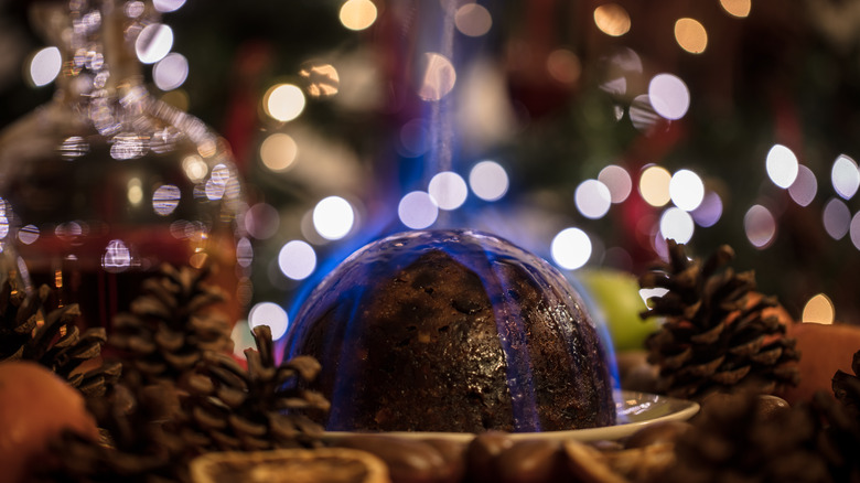 Christmas pudding set on fire 