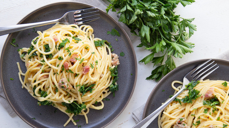 Rachael Ray's pasta Carbonara on plates