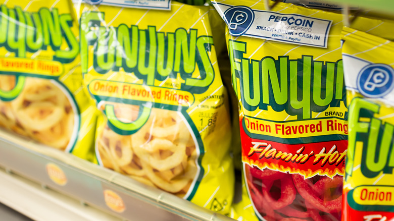 Bags of Funyuns on a store shelf