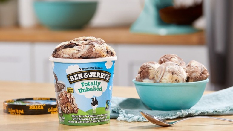 Pint of Ben & Jerry's Totally Unbaked on counter with spoon