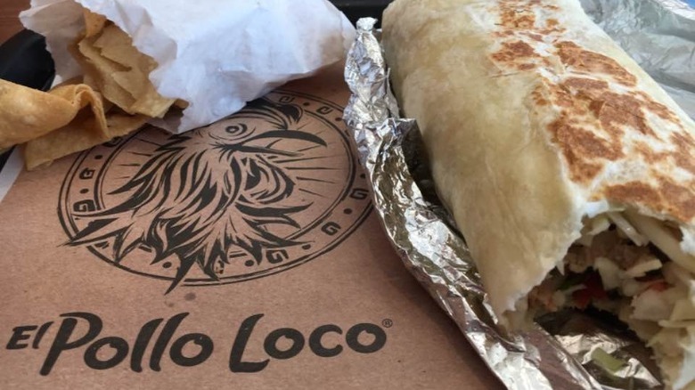 El Pollo Loco's Chicken Avocado Burrito with tortilla chips