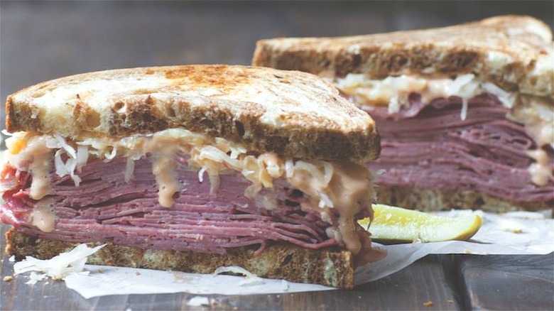 Sliced Reuben on table