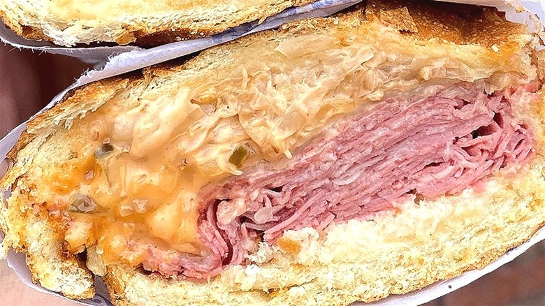 Reuben sandwich in half