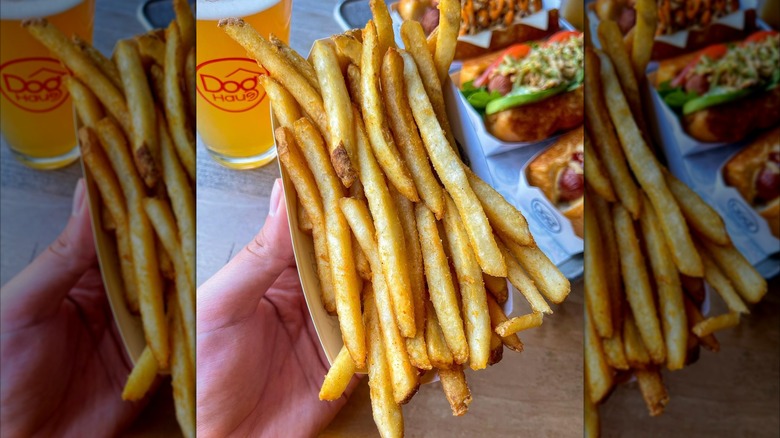 Dog Haus fries are being held in a container with hot dogs in the background.