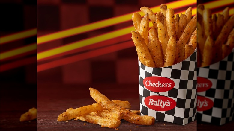 Checkers and Rally's fries are held in a checkered box.