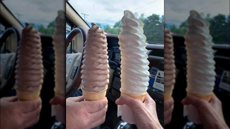 Two Shake Shack's Chocolate Custard Cones in a car