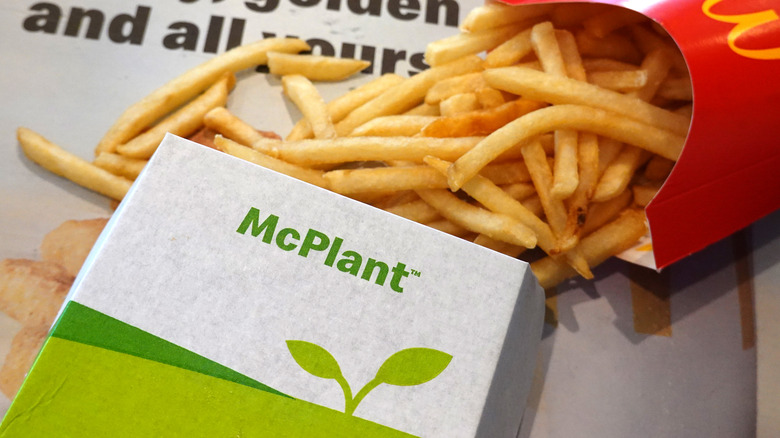 McPlant burger with fries on tray