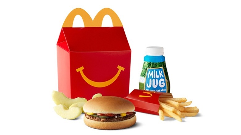 McDonald's Hamburger Happy Meal With Fries, Apple Slices and Apple Juice
